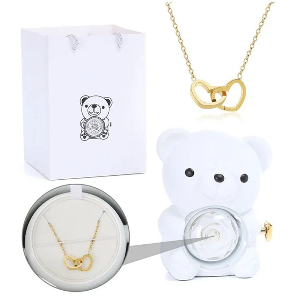 Teddy Bear Gift Box With Rose Jewelry Storage (White)