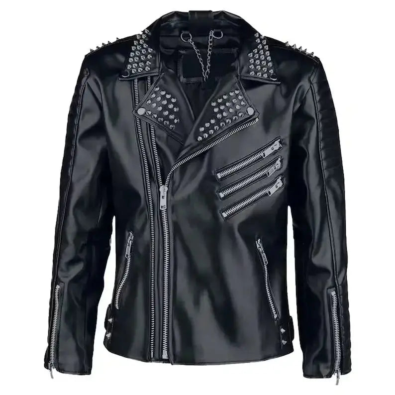 Men’s Rock Punk Black Studded Metal Spiked Leather Jacket