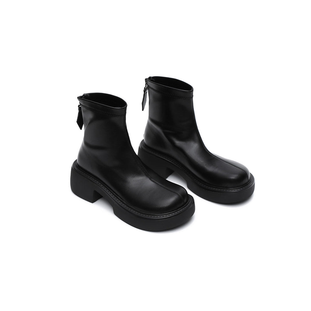 Women's Platform Ankle Boots – Black Leather Zip-Up