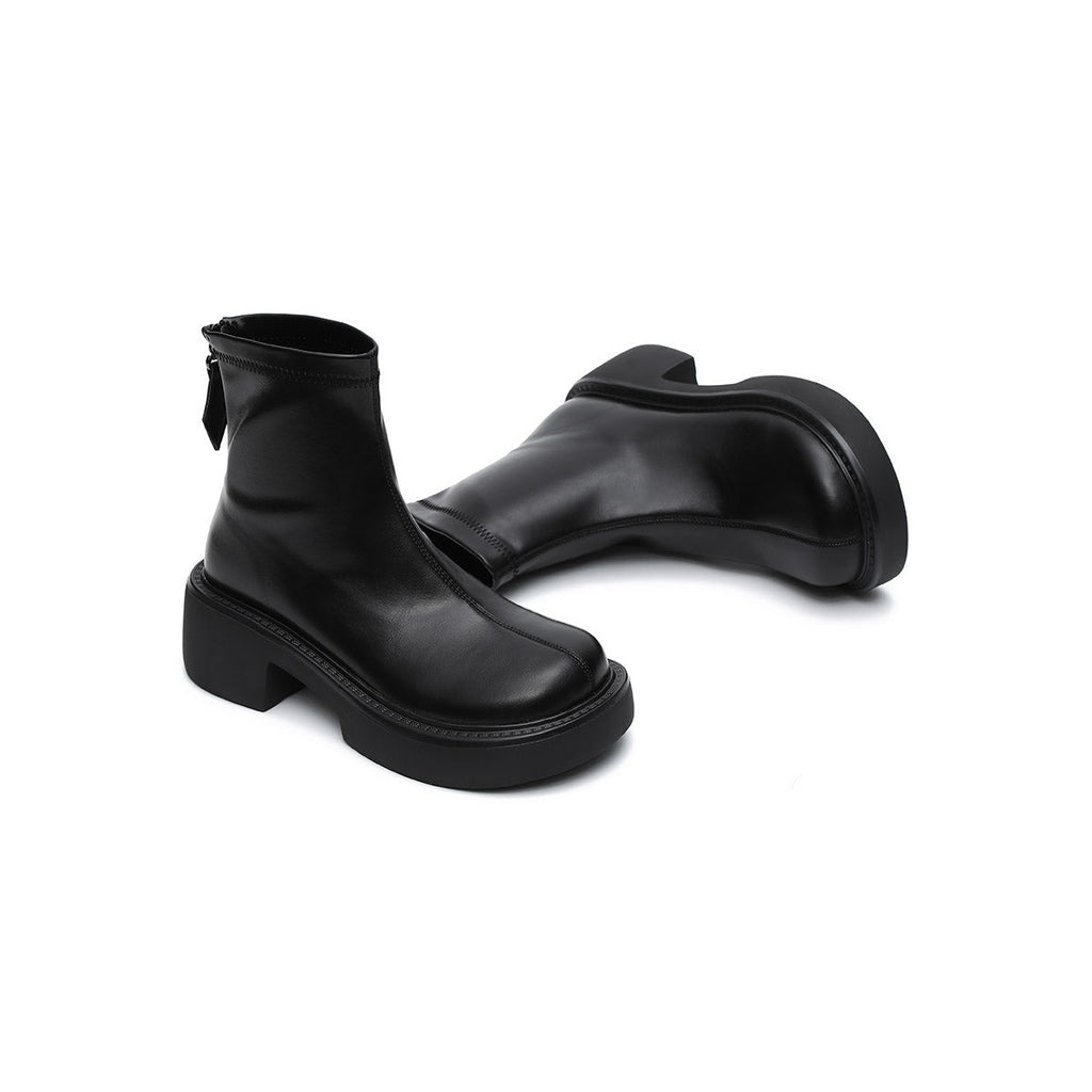 Women's Platform Ankle Boots – Black Leather Zip-Up