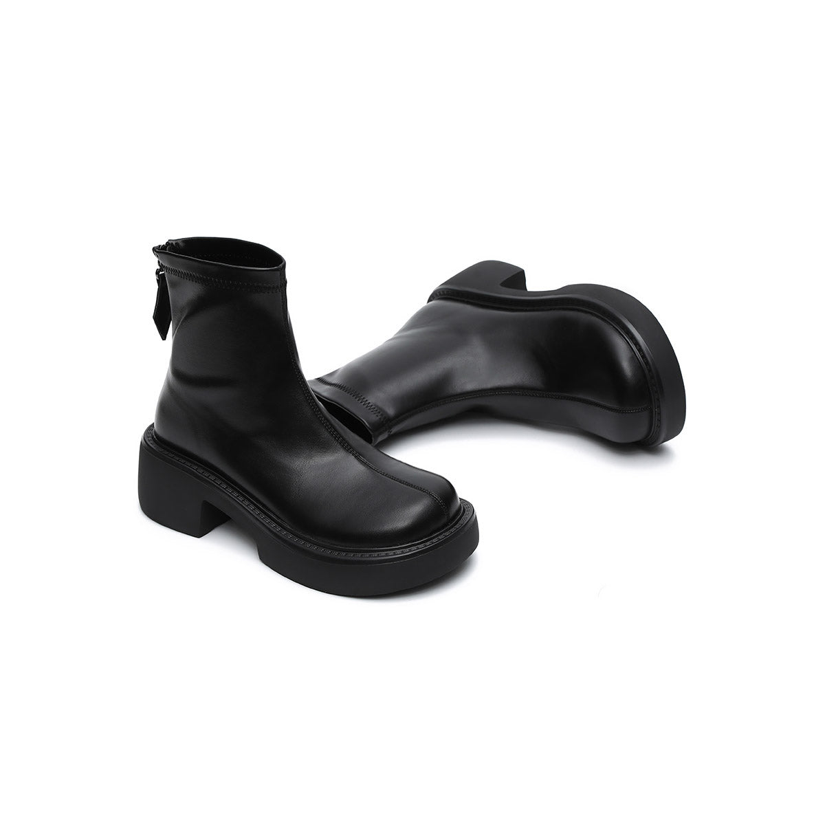 Women's Platform Ankle Boots – Black Leather Zip-Up