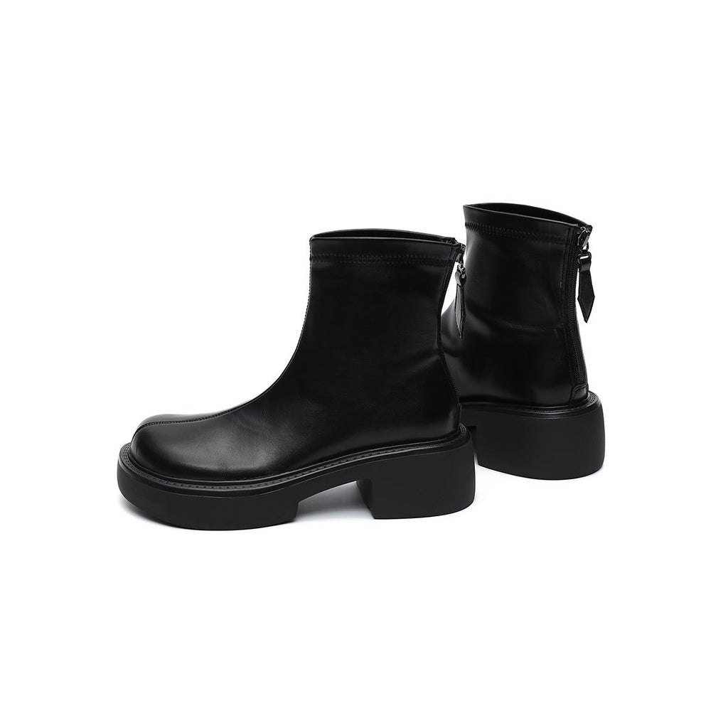 Women's Platform Ankle Boots – Black Leather Zip-Up